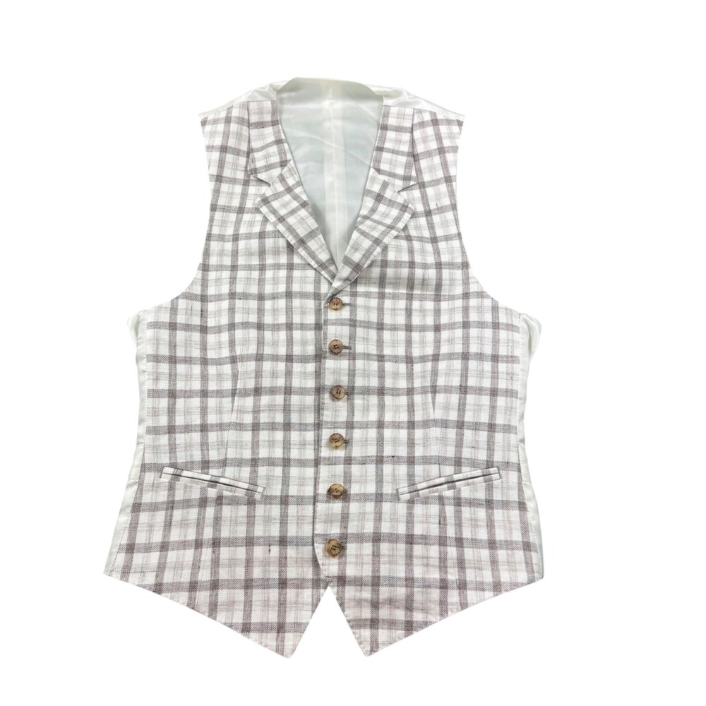 Suitsupply Solbiati Linen Men's Cream Brown Checked Waistcoat Vest 34R Capetown